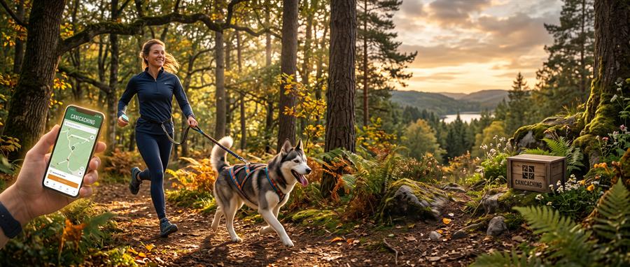 Une coureuse et son husky sur un sentier forestier au soleil couchant ; au premier plan, un téléphone affiche la carte des caches Canicaching.